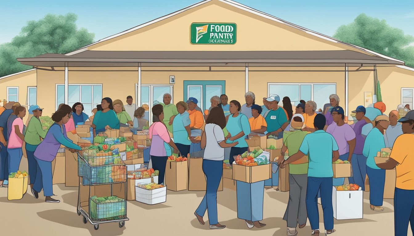 A bustling food pantry in Pecos County, Texas, with volunteers distributing free groceries to community members in need