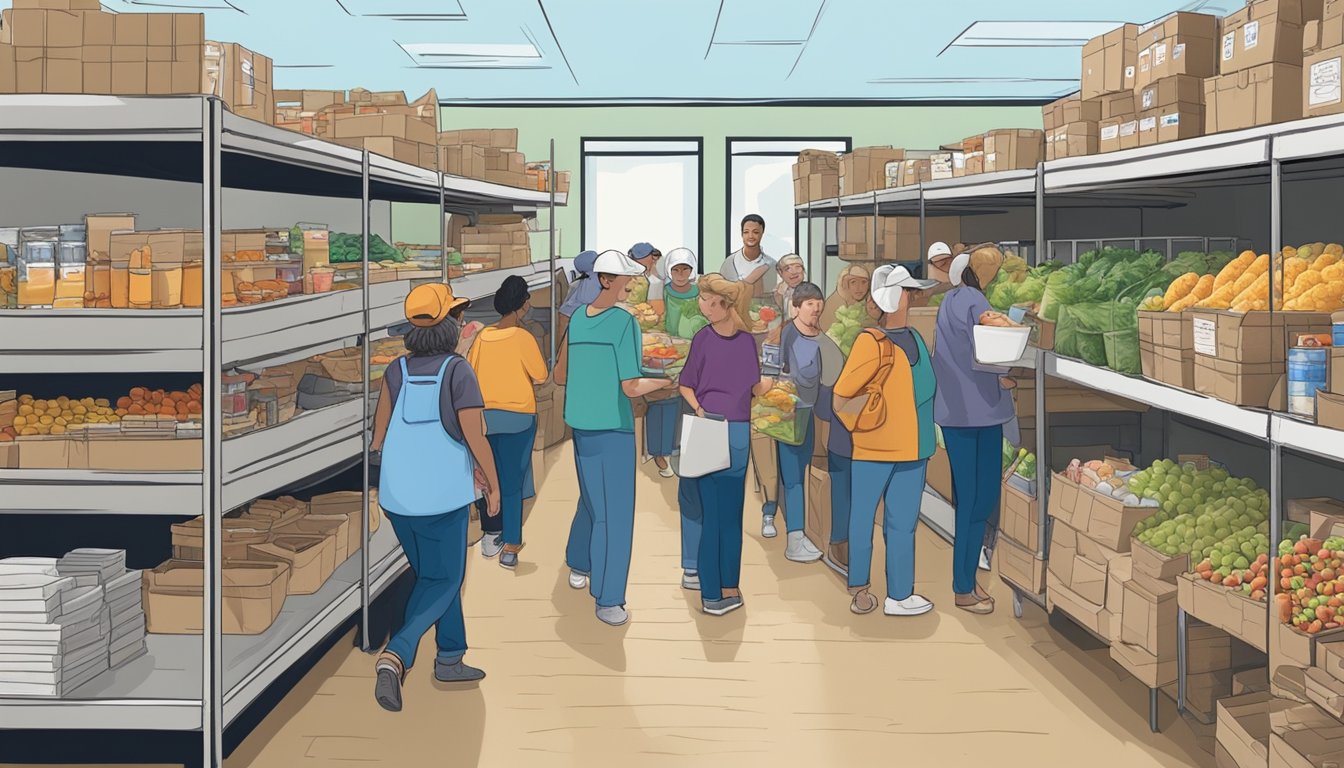 A bustling food pantry in Rains County, Texas, with volunteers distributing free groceries to those in need