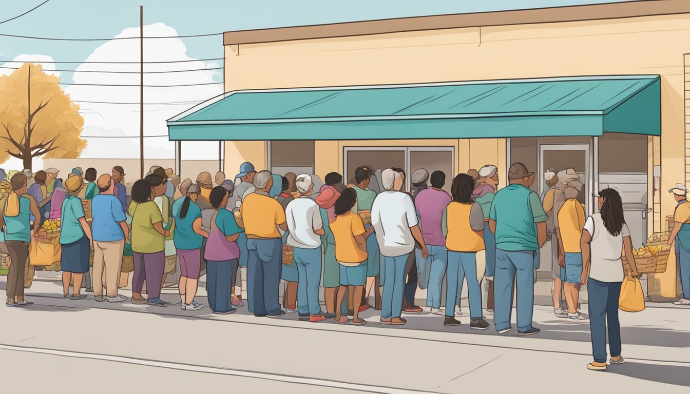 A line of people waiting outside a food pantry in Pecos County, Texas, with volunteers handing out free groceries and donations