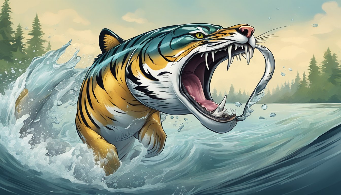 A tiger muskie aggressively strikes a lure, its powerful jaws clamping down on the bait as it thrashes in the water