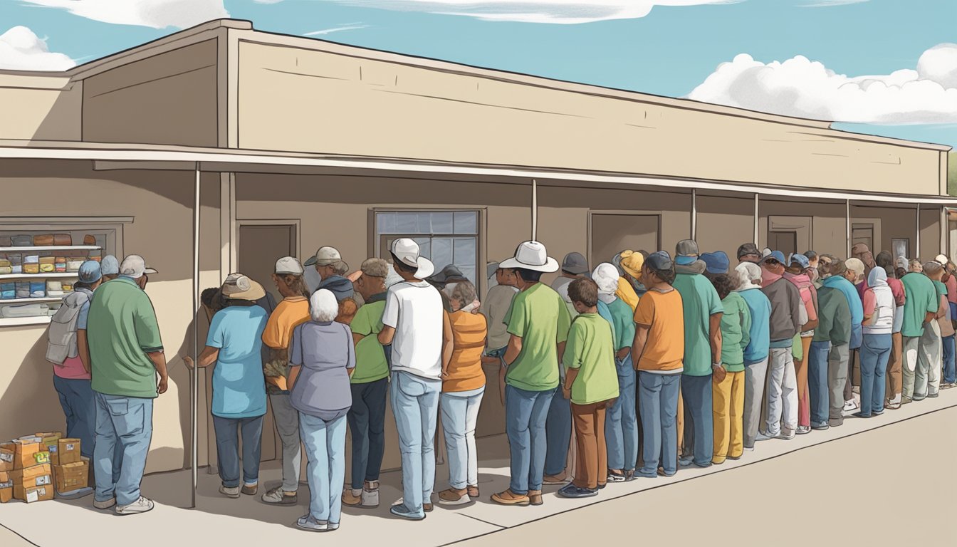 A line of people waits outside a food pantry in Pecos County, Texas, as volunteers distribute free groceries for emergency food assistance and disaster response