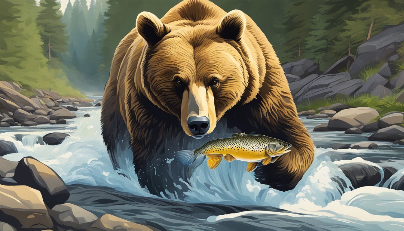 A bear catching and eating a brown trout by a rushing stream