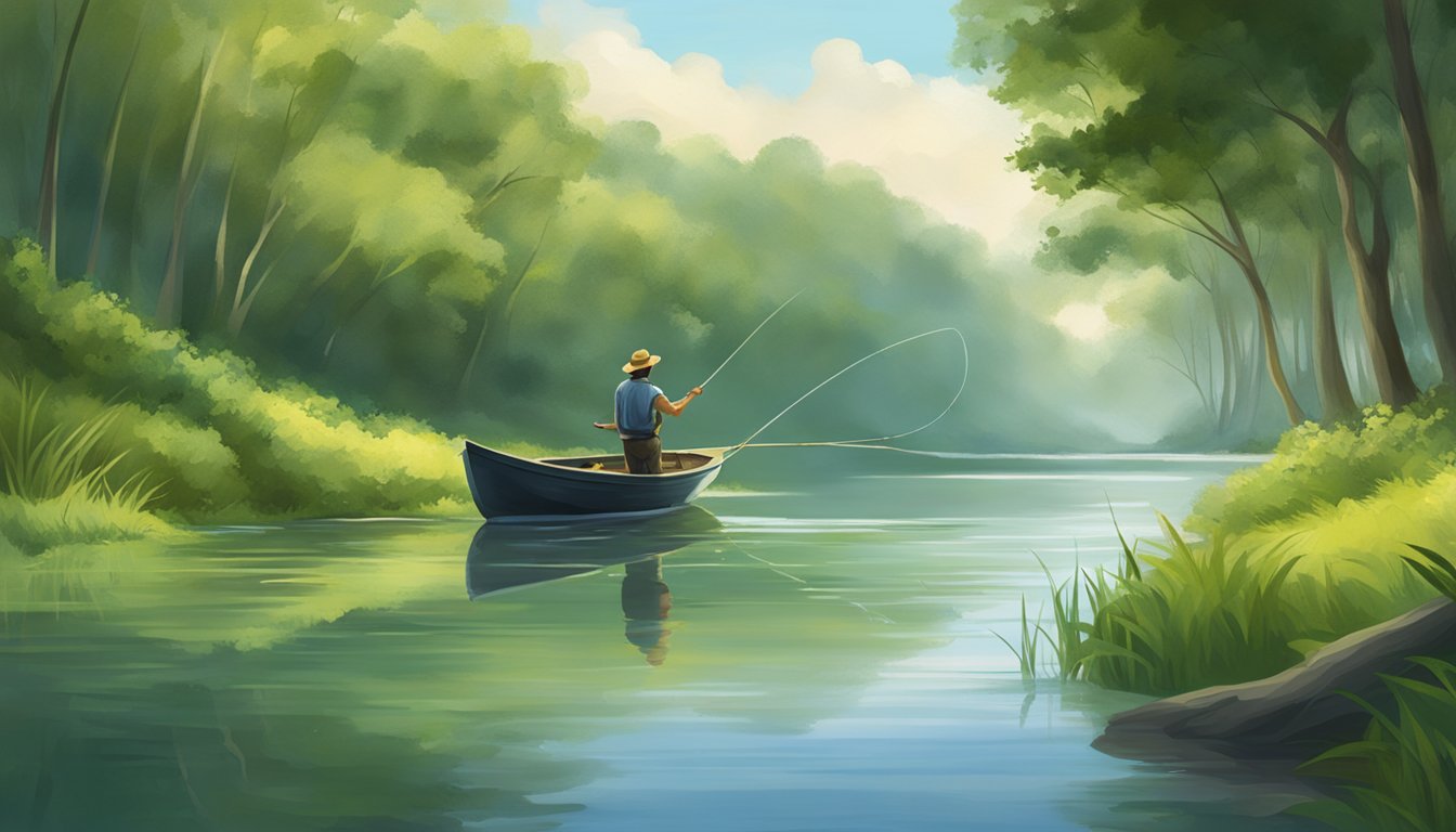 A serene riverside with a fisherman casting a line, surrounded by lush greenery and the calm flow of water