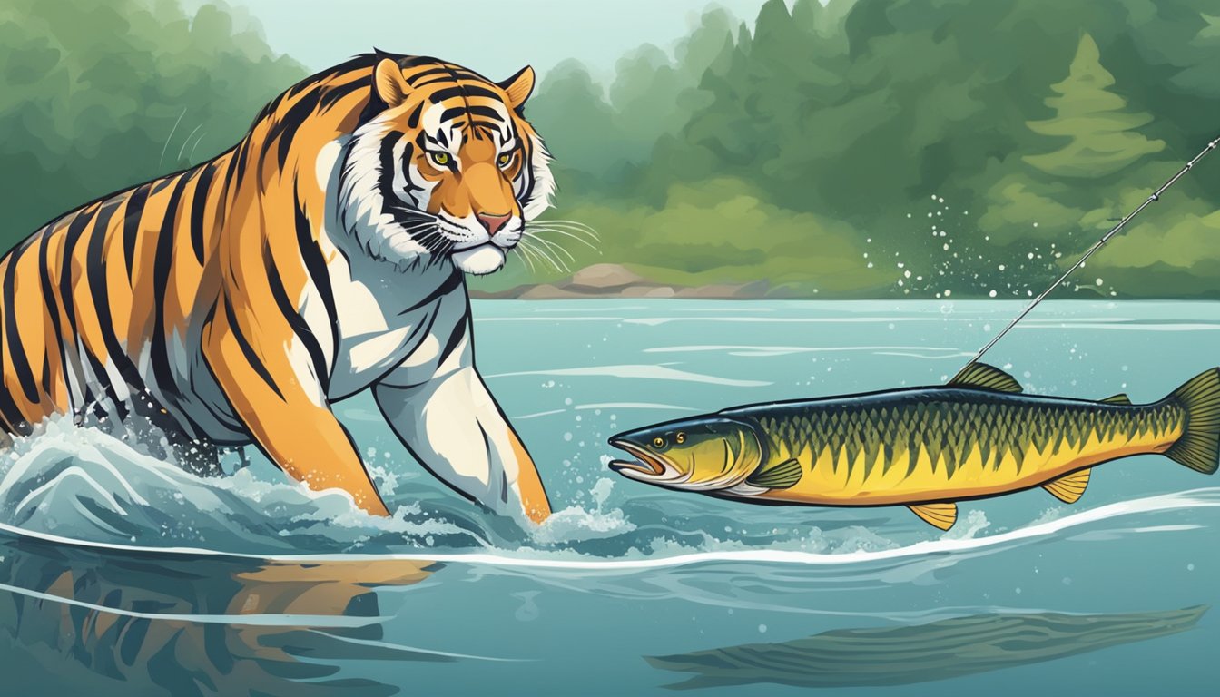 A tiger muskie thrashes in the water, caught on a fishing line. Nearby, a chef prepares to cook the freshly caught fish