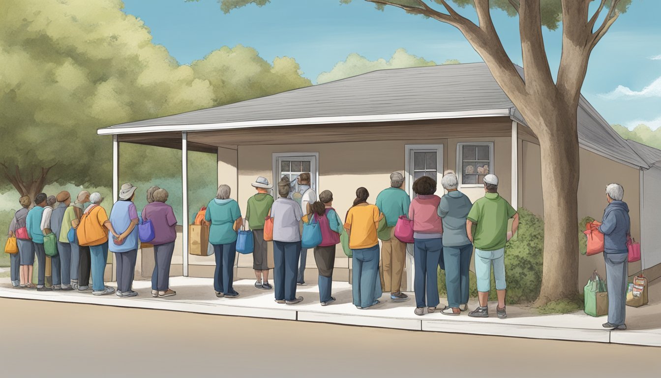 A line of people waits outside a small food pantry in Real County, Texas. Volunteers hand out bags of groceries to those in need