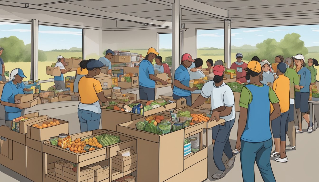 A bustling food pantry in rural Texas, with volunteers distributing free groceries to those in need