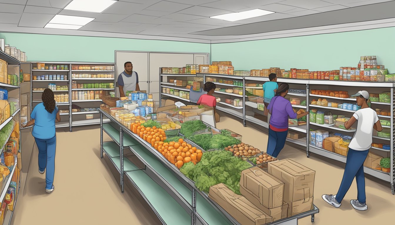 A bustling food pantry in Real County, Texas, with shelves stocked full of nutritious groceries and volunteers assisting those in need