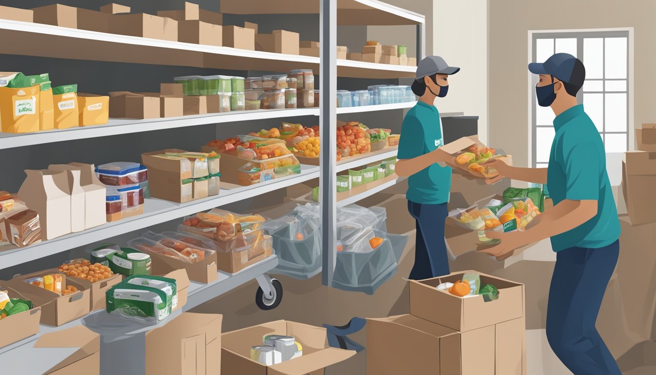 A bustling food pantry in Medina County, Texas, with volunteers distributing free groceries to those in need