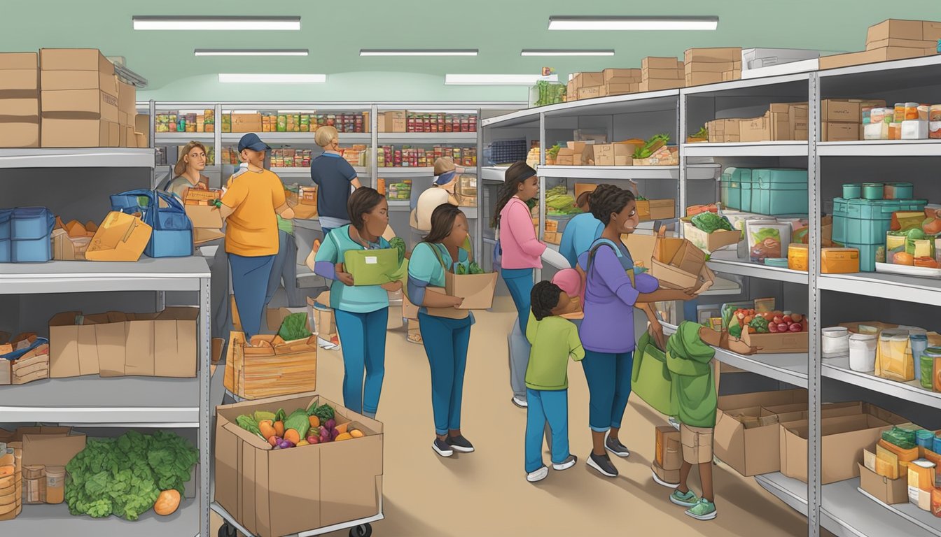 A bustling food pantry in Real County, Texas, with volunteers distributing free groceries to those in need