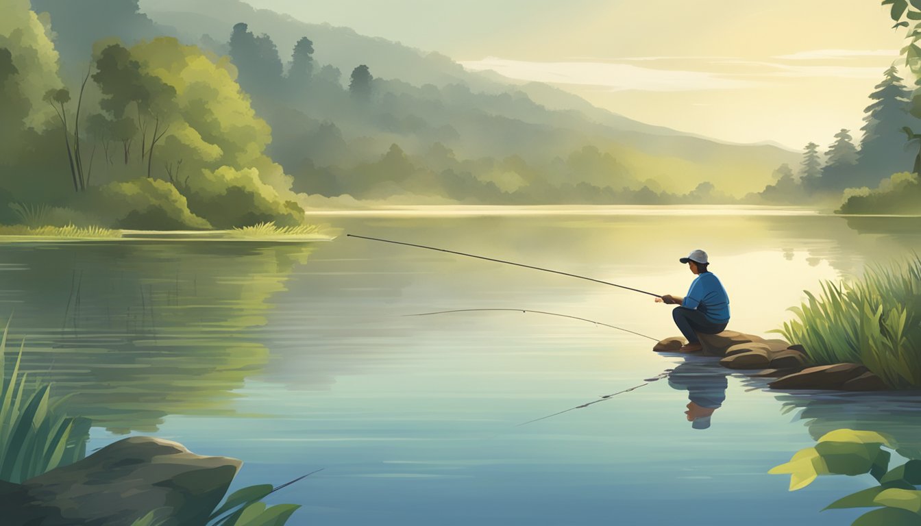 A person fishing for tilapia in a calm, serene lake, with a clear view of the fish being caught and prepared for consumption