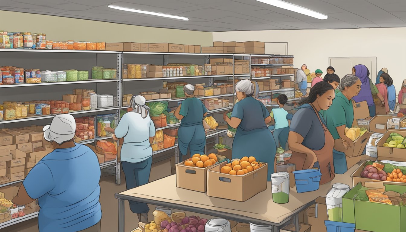 A bustling food pantry in Medina County, Texas, with volunteers distributing free groceries to special groups in need