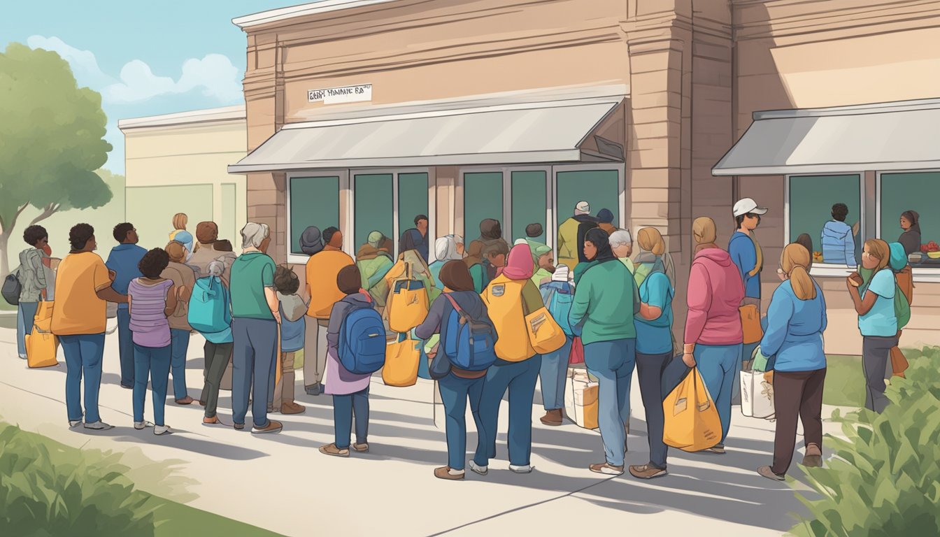 A line of people wait outside a food pantry in Medina County, Texas. Volunteers hand out bags of groceries to those in need