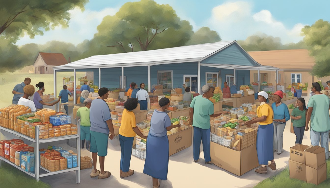 A bustling food pantry in rural Texas, with volunteers distributing free groceries to those in need