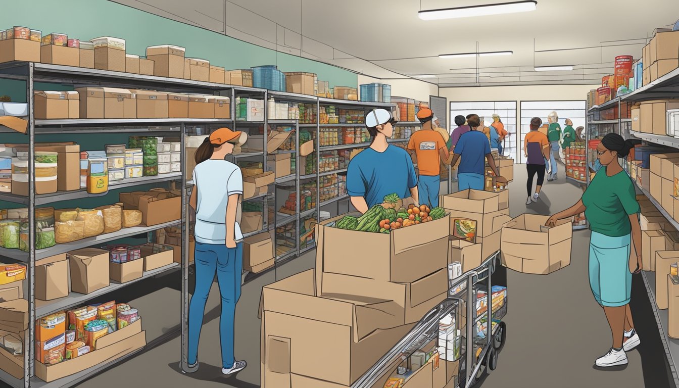 A bustling food pantry in Medina County, Texas, with volunteers distributing free groceries to those in need