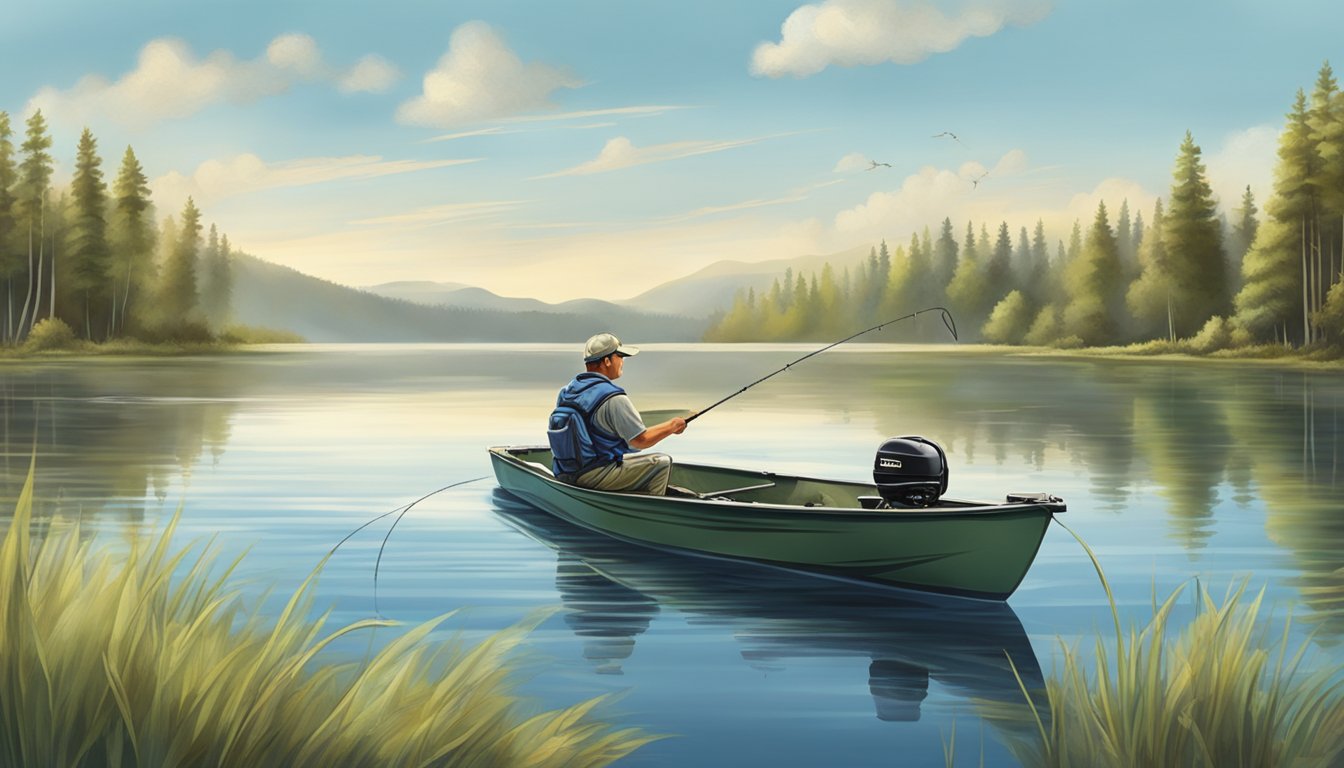 A serene lake with a fisherman using a barbless hook and catch-and-release method to catch and release largemouth bass