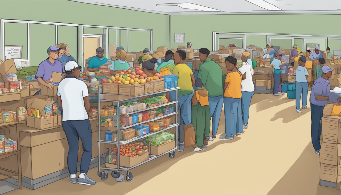 A bustling food pantry in Real County, Texas, with volunteers distributing free groceries to those in need