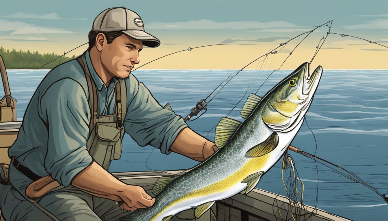 A fisherman uses a sonar device to locate a school of weakfish, then casts a net to catch them. Later, he uses a fillet knife to clean and prepare the fish for cooking