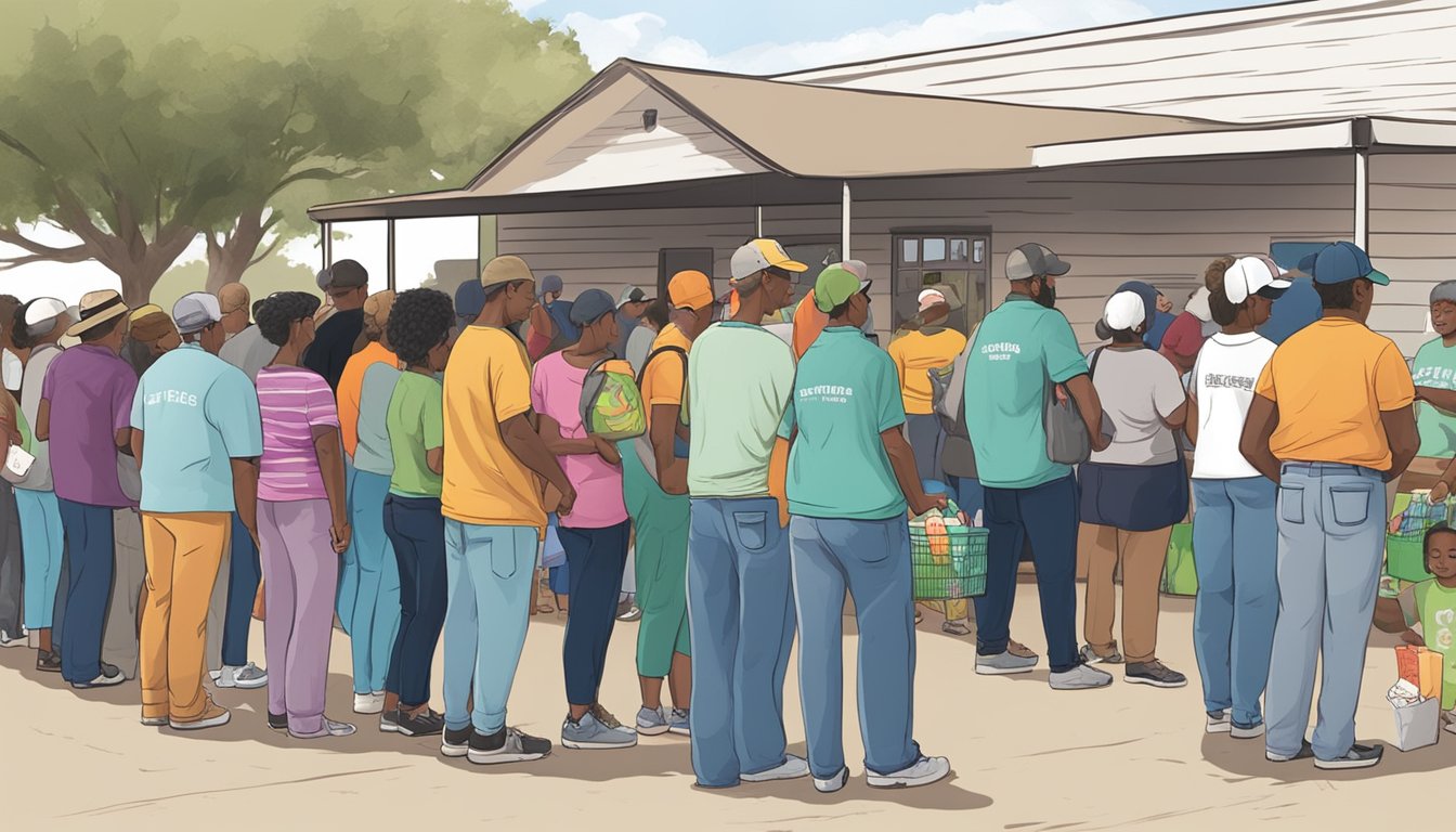 A line of people waiting outside a food pantry in Refugio County, Texas, with volunteers handing out free groceries and supplies