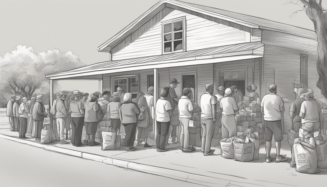 A line of people waits outside a small food pantry in Refugio County, Texas. Volunteers hand out bags of groceries to those in need