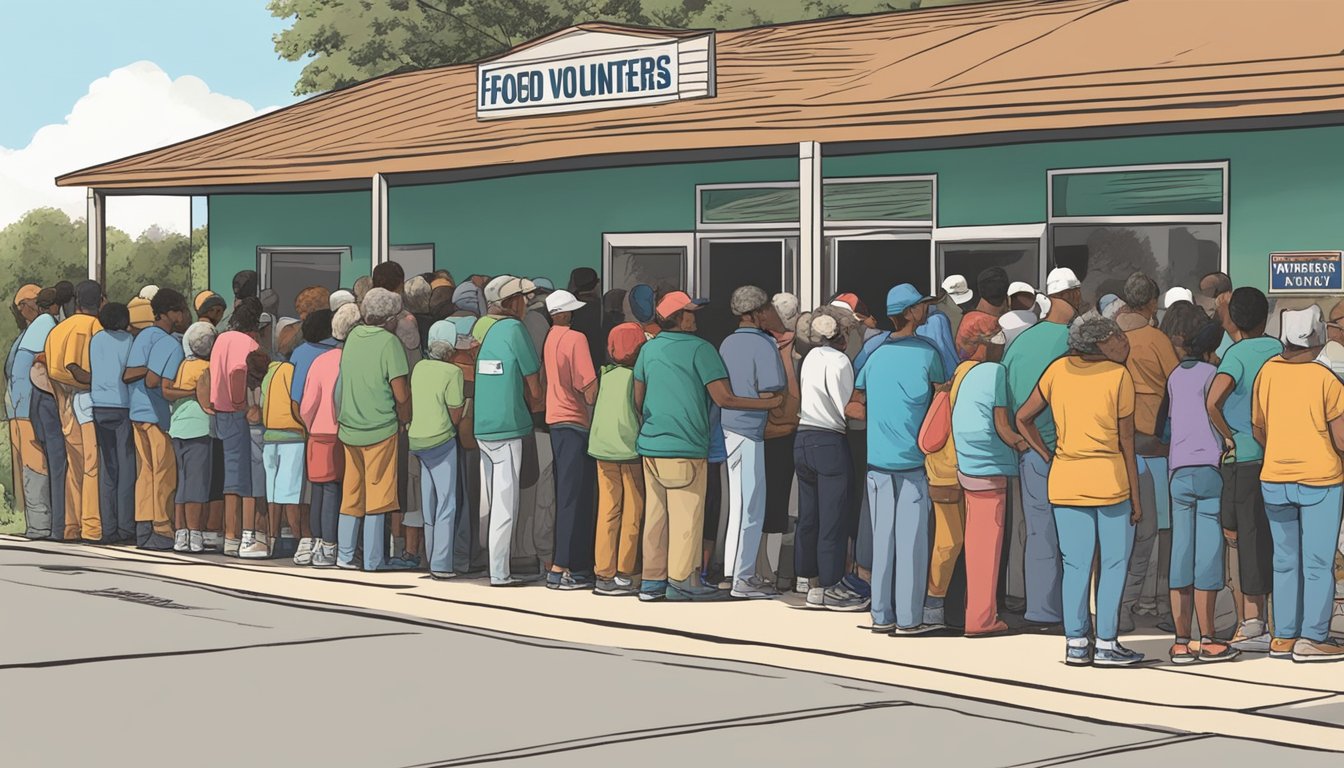 A line of people waits outside a food pantry in Milam County, Texas, as volunteers distribute free groceries to those in need