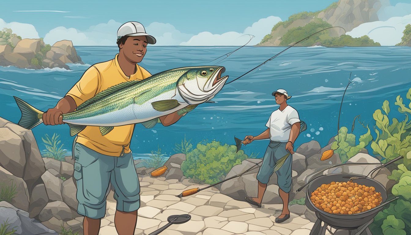 A fisherman reeling in a tilefish from a rocky ocean floor, with other tilefish swimming nearby. Another scene shows a chef preparing and grilling tilefish with herbs and vegetables