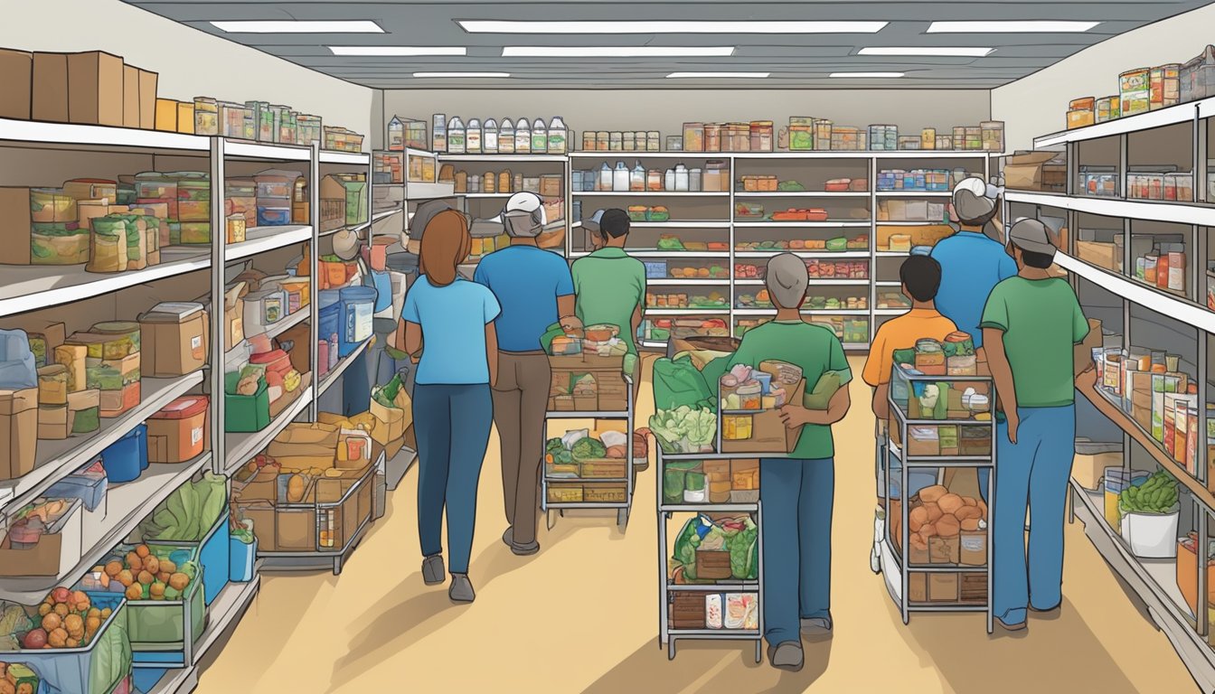 A bustling food pantry in Milam County, Texas, with shelves stocked full of free groceries and volunteers assisting those in need