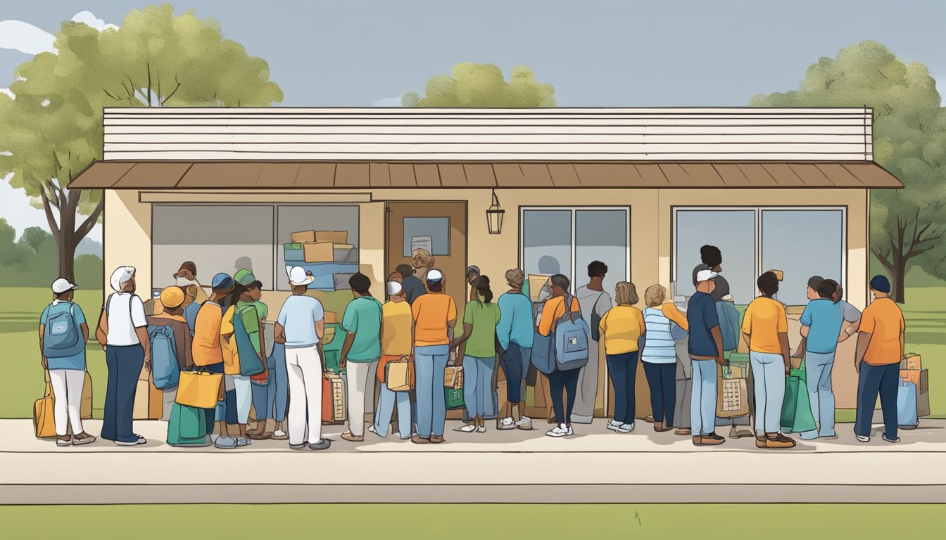 A line of people waiting outside a food pantry in Milam County, Texas, with volunteers handing out free groceries