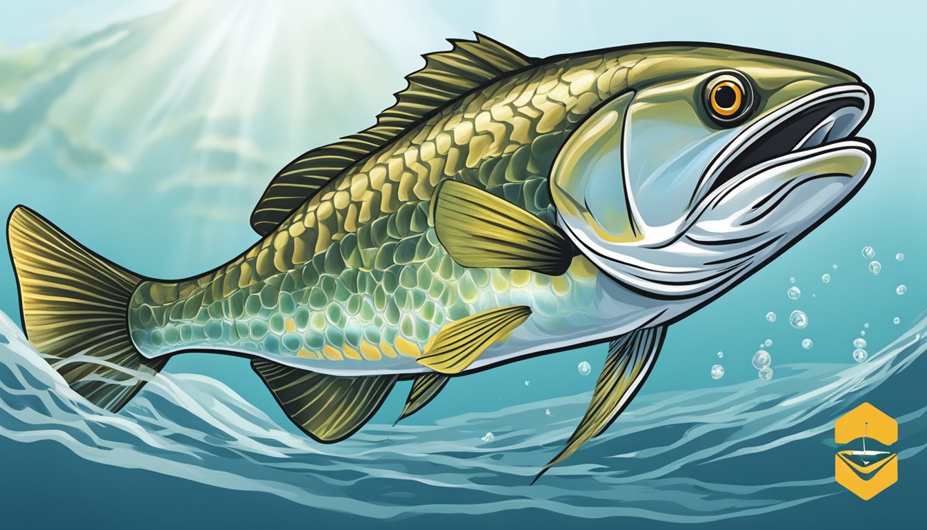 A tilefish swimming towards a baited hook with a conservation and sustainability logo in the background