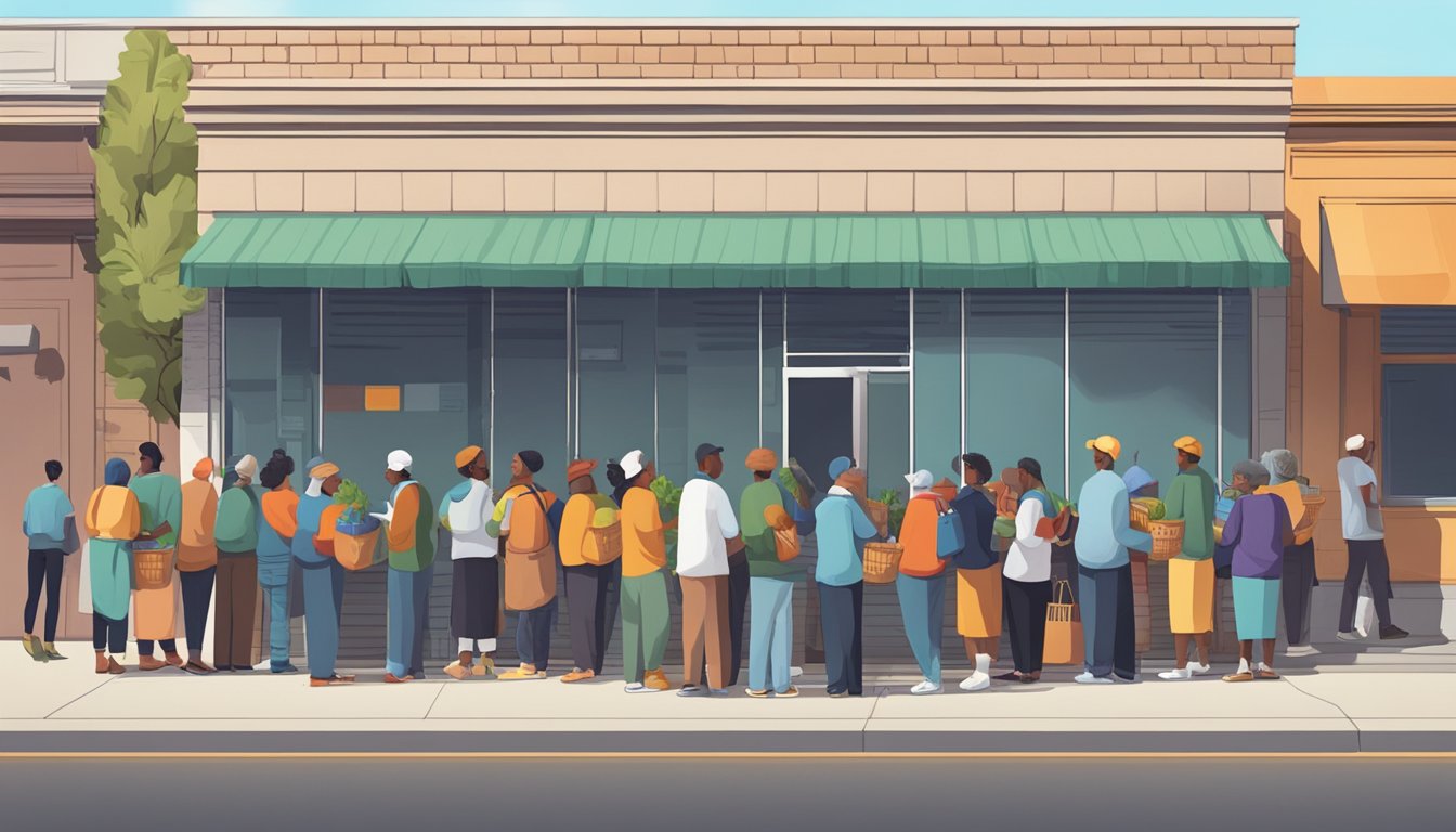 A line of people wait outside a small building, where volunteers distribute groceries and food to those in need