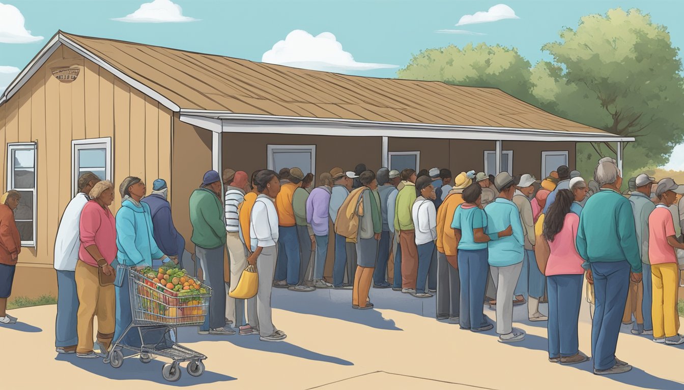 People lining up for free groceries at a food pantry in Reagan County, Texas