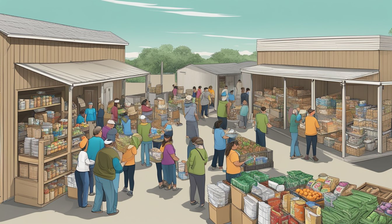 A bustling food pantry in Reagan County, Texas, with volunteers distributing free groceries to those in need