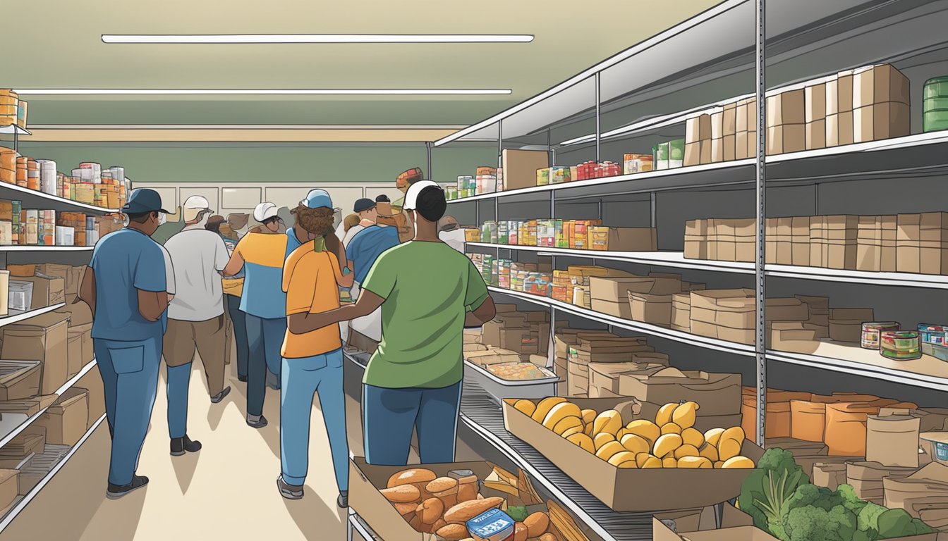 A bustling food pantry in Reagan County, Texas, with shelves stocked full of free groceries and volunteers assisting those in need