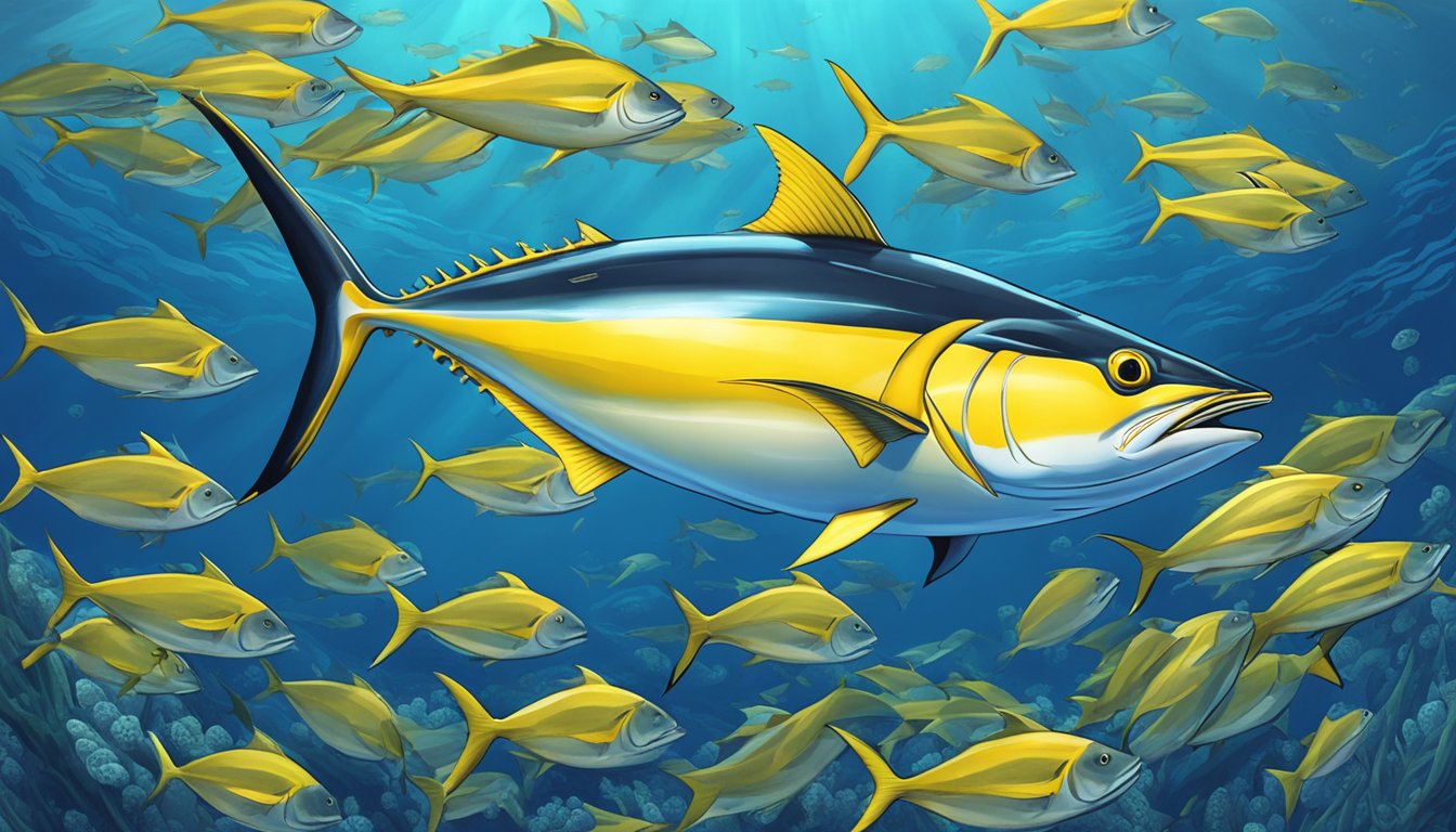 A yellowfin tuna swimming in the deep blue ocean, surrounded by schools of smaller fish