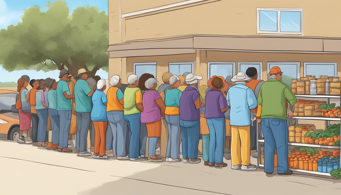 People lining up for free groceries at a food pantry in Reagan County, Texas. Volunteers handing out fresh produce and canned goods