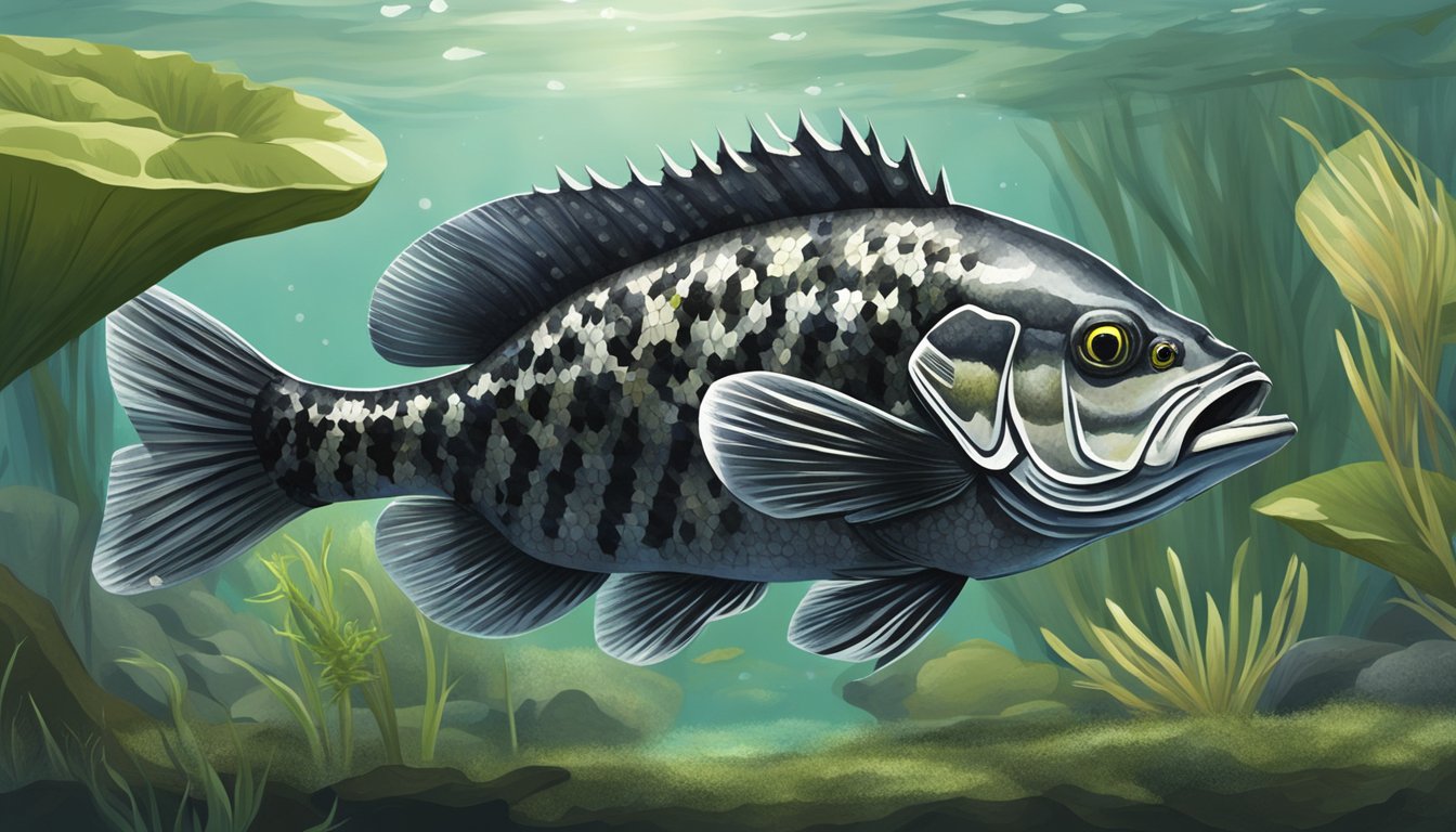 A black crappie swimming near a sunken log, surrounded by aquatic plants, with a smaller fish in its mouth