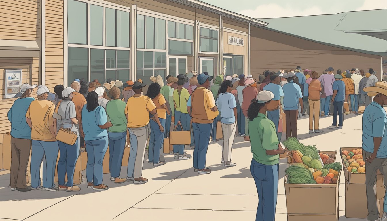 People lining up for free groceries at a food pantry in Reagan County, Texas. Volunteers assisting with distribution