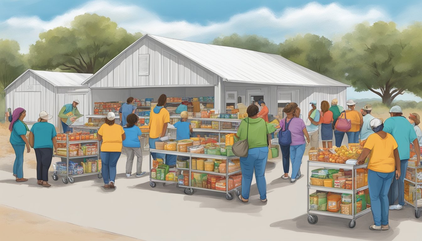 A bustling food pantry in Reagan County, Texas, with volunteers distributing free groceries and seasonal program supplies to those in need