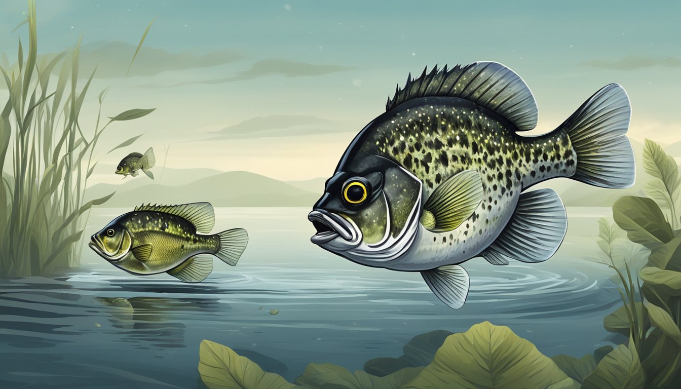 A black crappie is caught and eaten by other panfish in a murky lake