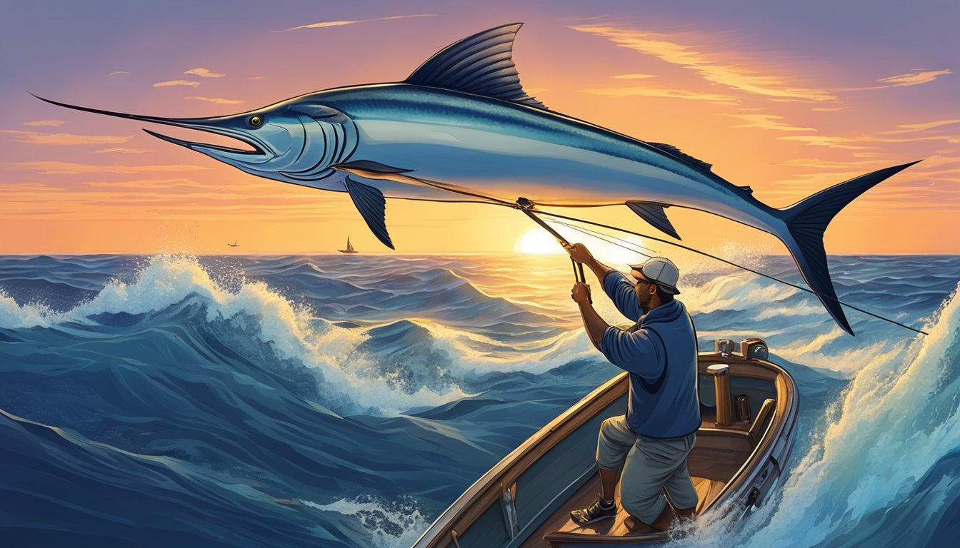 A fisherman on a boat, reeling in a large swordfish from the deep blue ocean, with a sunset in the background