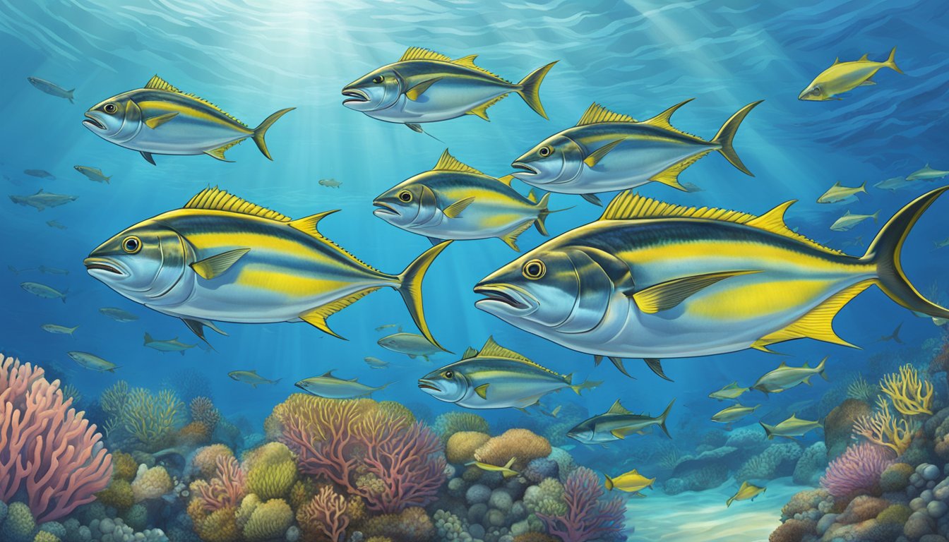 A school of yellowfin tuna swimming in clear, blue waters near a coral reef