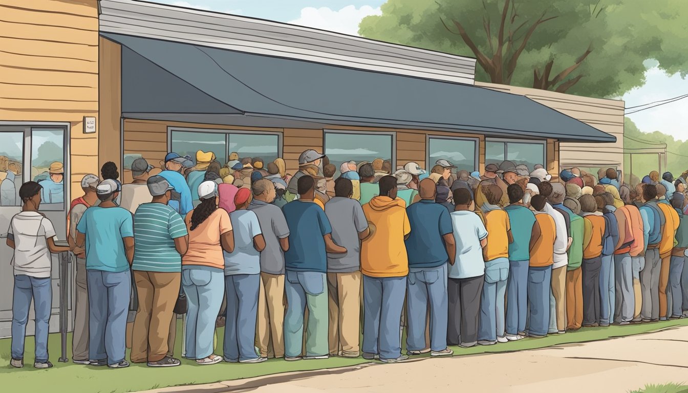 People lined up outside a food pantry in Milam County, Texas, waiting for free groceries. Volunteers distribute food to those in need