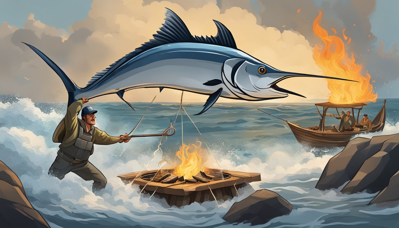 Swordfish leaping from the ocean, fishermen hauling in nets, and a fire pit with swordfish cooking over an open flame