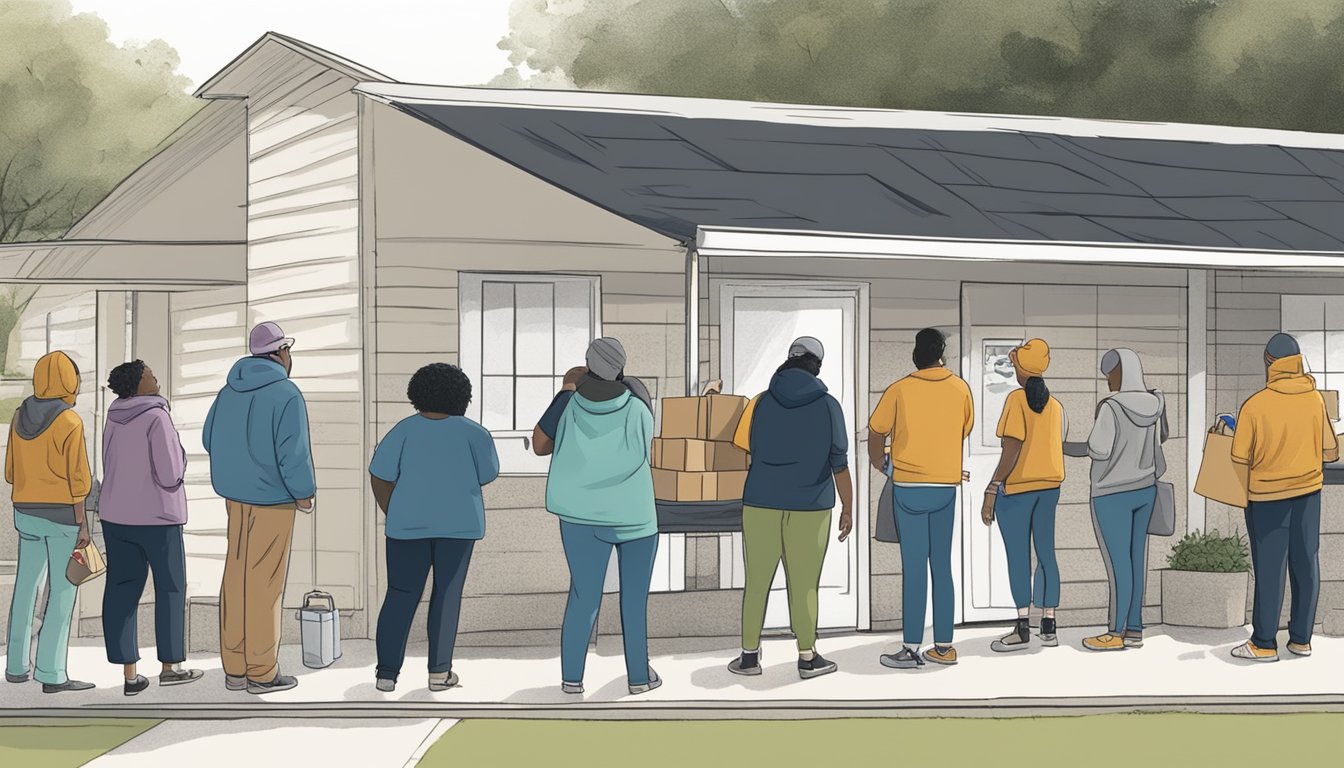 A line of people waits outside a food pantry in Milam County, Texas. Volunteers distribute free groceries to those in need, reflecting the impact of COVID-19 on food security