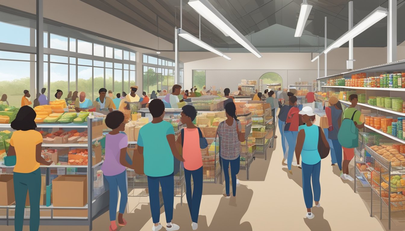 A bustling food pantry in Refugio County, Texas, with diverse groups of people receiving free groceries and specialized programs