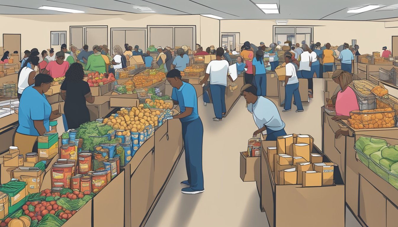 A bustling food pantry in Refugio County, Texas, with volunteers distributing free groceries to those in need