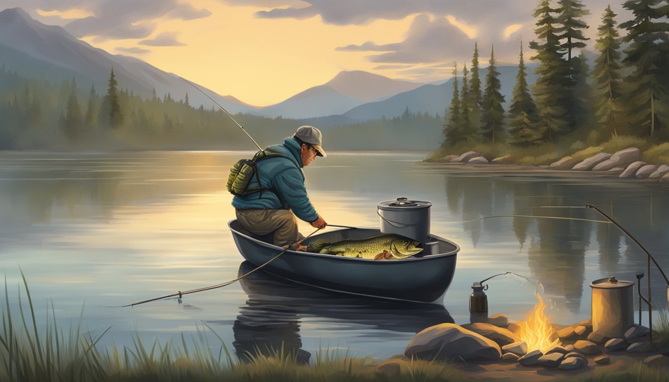 A fisherman skillfully reels in a black crappie from a tranquil lake, preparing to clean and cook the catch over a crackling campfire