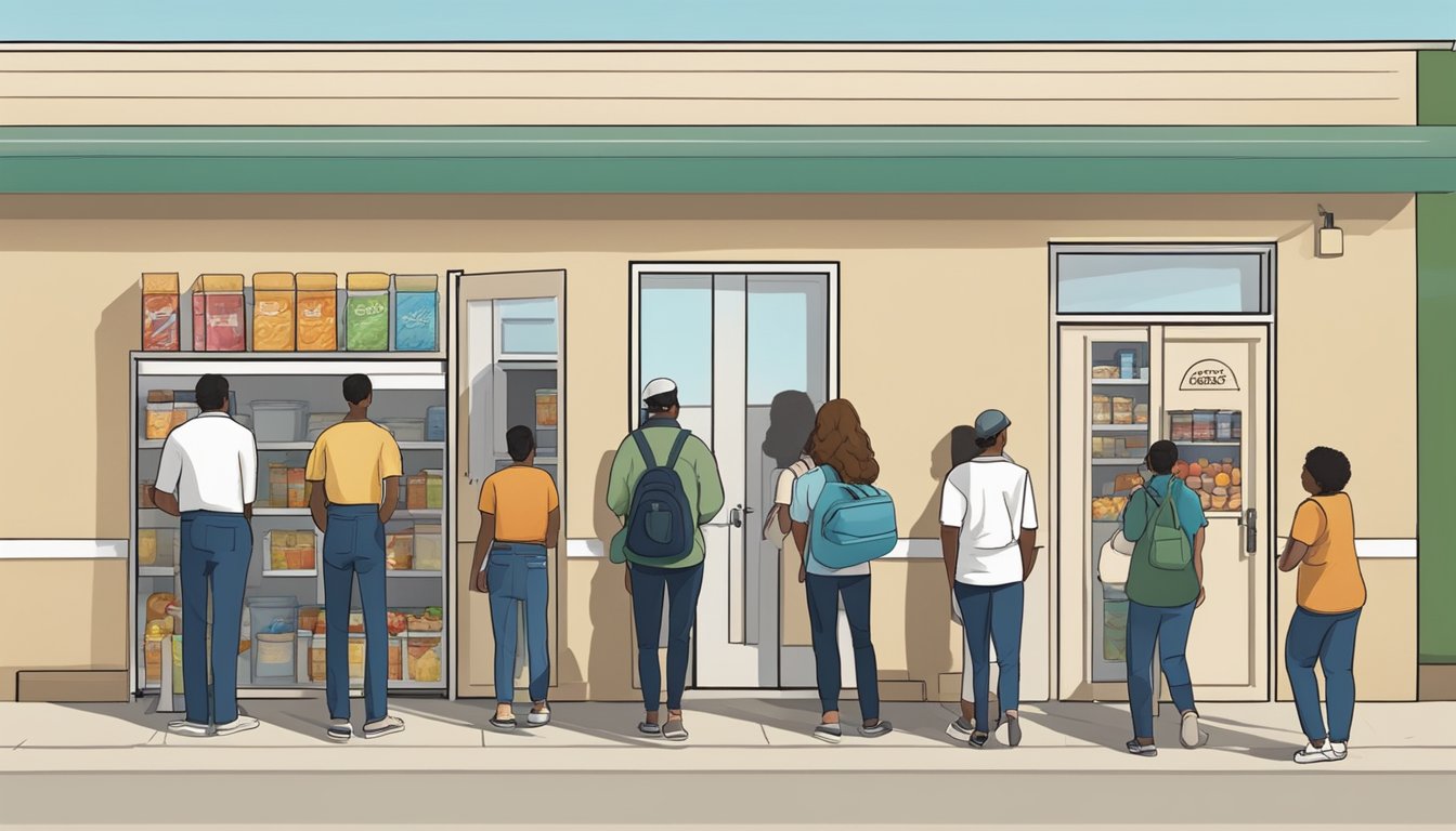 A line of people outside a small food pantry in Reeves County, Texas, waiting for free groceries