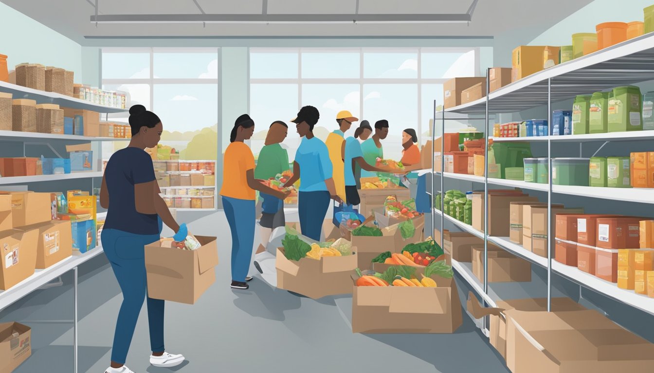 A bustling food pantry in Refugio County, Texas, with volunteers distributing free groceries to those in need