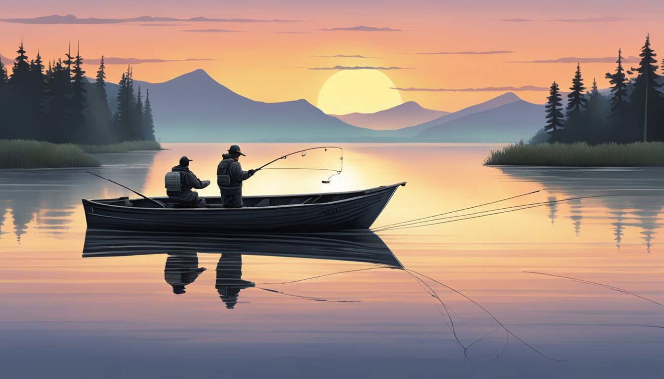 A serene lake at dawn, with a lone fishing boat and a fisherman reeling in a black crappie