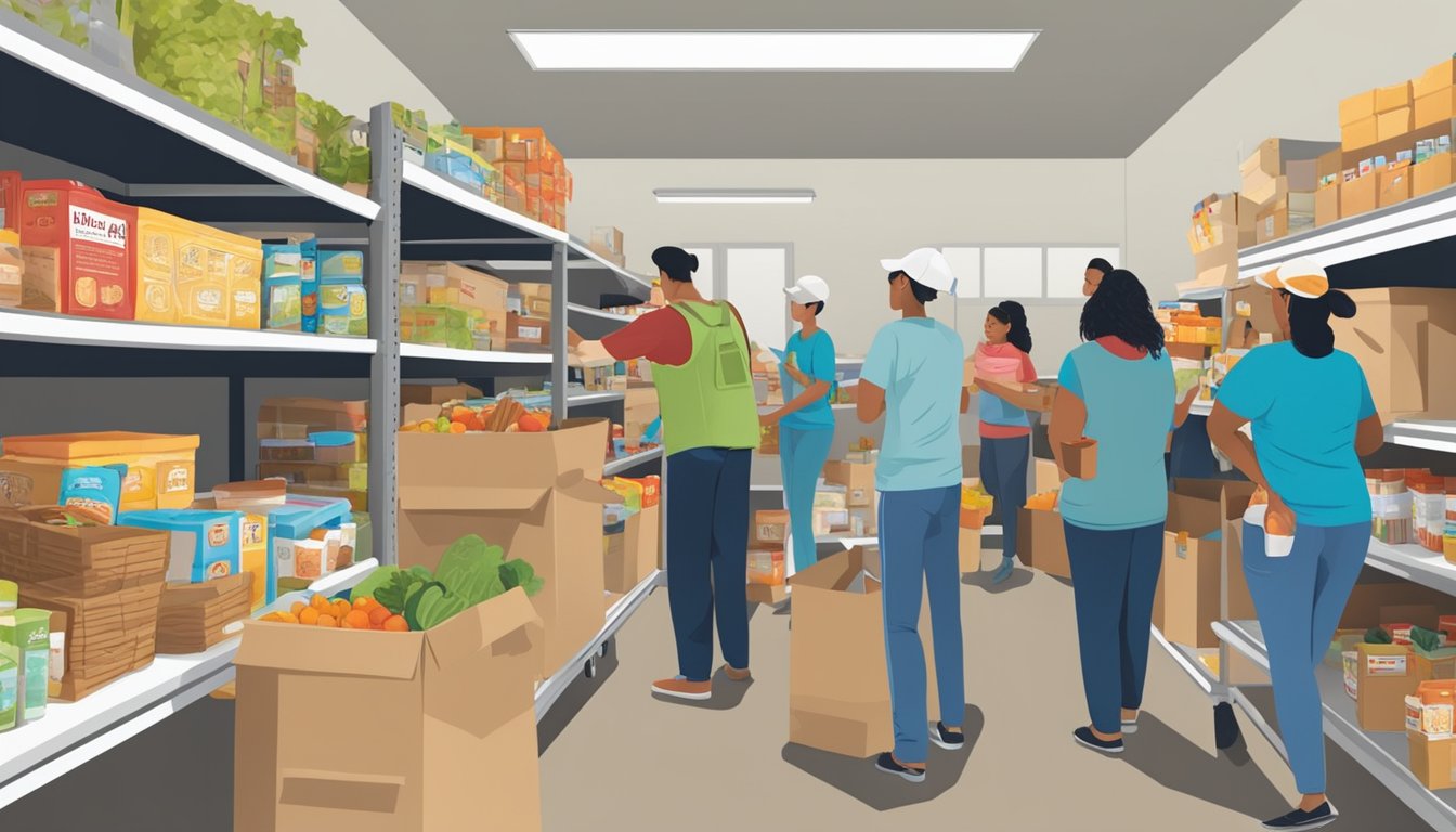 A bustling food pantry in Reeves County, Texas, with volunteers distributing free groceries to those in need